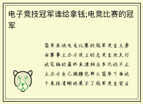 电子竞技冠军谁给拿钱;电竞比赛的冠军